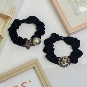 Korean style black hair scrunchies set with crystal rhinestone star and flower accessories.