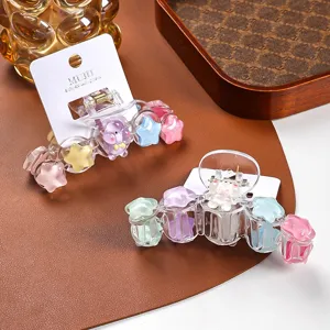 Colorful star hair claw clip with cute cartoon bear charm transparent resin sweet hair accessories