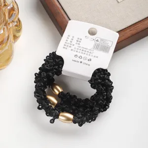 Korean style black hair rope with golden beads, thickened high elasticity elastic hair band.