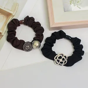Chic camellia and crystal rhinestone hair scrunchies set, elegant ponytail holder for daily wear.