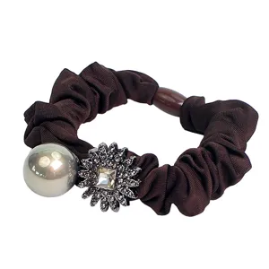 Brown scrunchie for women featuring a large faux pearl and sparkling rhinestone crystal flower charm.