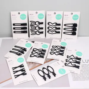 Black metal hair clips set, 3 pieces per card, cute geometric hairpin for women and girls.