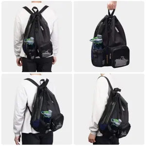 Black mesh drawstring swim backpack with wet pocket and side bottle holder for gym fitness beach