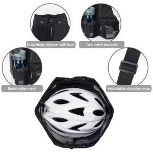 Detailed view of black mesh drawstring backpack with adjustable shoulder strap and pockets.