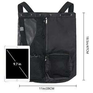 Black mesh drawstring backpack beach bag with zipper pocket and tablet reference for gym.