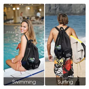Black mesh drawstring backpack with wet pocket, perfect for swimming, gym, and beach sports.