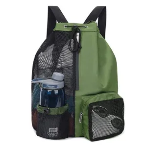 Green mesh drawstring backpack with wet pocket, ideal for beach, gym, and swimming gear.