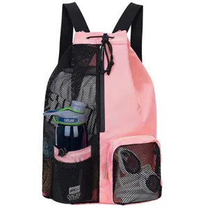 Pink mesh drawstring backpack with side bottle pocket and front storage for sports beach fitness.