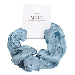 Blue gradient mesh hair scrunchie sweet floral hair tie for women ponytail styling accessories