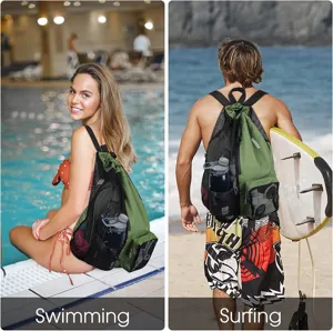 Waterproof mesh drawstring backpack for swimming, beach and gym gear. Lightweight sports bag.