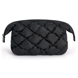 Close-up detail of the black quilted puffy cosmetic bag showcasing soft fabric and zipper.