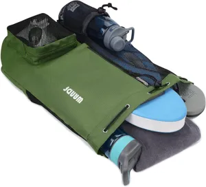 Green mesh drawstring swim backpack beach gym sports fitness bag with wet compartment.