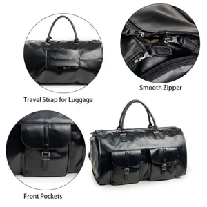 Black leather travel duffel bag detail showing smooth zipper, front pockets and luggage strap.