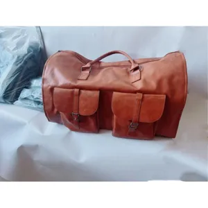 Vintage brown leather travel duffel bag with multi pockets, spacious overnight gym bag.