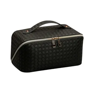 Black woven cosmetic bag large capacity portable travel makeup organizer pouch with handle.