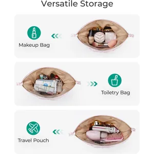 Detailed view of the quilted makeup bag showing versatile multi-compartment interior storage.