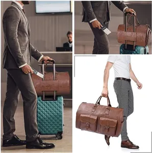 Brown leather travel duffel bag convertible weekender garment bag for business travel.