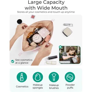 Large capacity quilted cosmetic bag with wide mouth design for easy makeup storage and travel use.