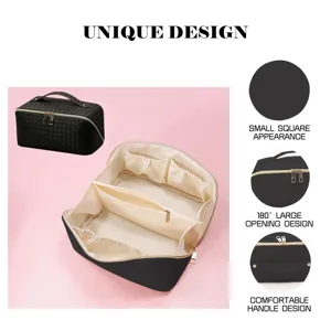 Detail view of black woven cosmetic bag with large capacity and 180-degree wide opening.