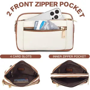 Sac bandoulière multi-poches pour femme, design blanc et marron avec fermetures éclair robustes.