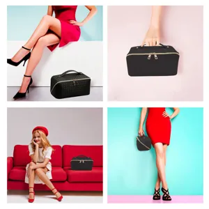 Detailed view of black woven cosmetic bag with zipper, elegant portable travel makeup case.