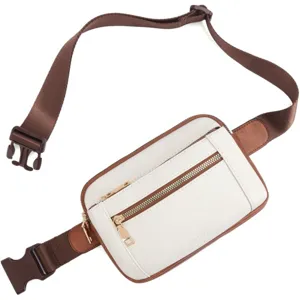 Sac banane bandouliere blanc marron multi fermetures eclair femme style decontracte chic
