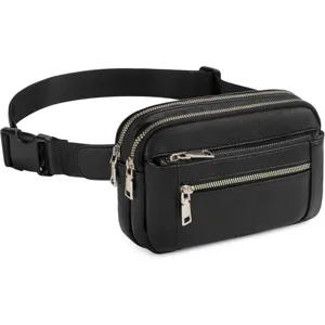 Vue détaillée d'un sac banane en cuir PU noir à fermetures éclair multiples et solides.