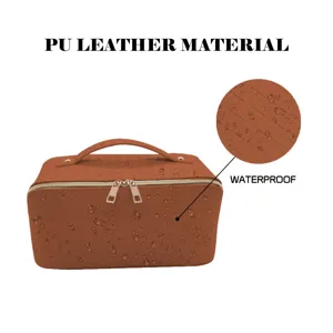 Detail view of the waterproof PU leather cosmetic bag showing fine woven texture and zippers.