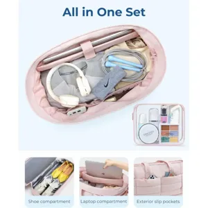 Large travel duffel bag with shoe compartment, laptop sleeve, and clear cosmetic pouch.