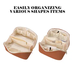 Woven makeup bag with large capacity, multi-compartment design for travel and daily storage.