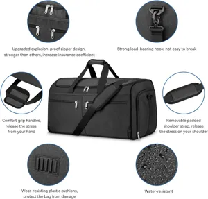 Multifunctional travel duffel bag with water-resistant fabric and reinforced zippers.