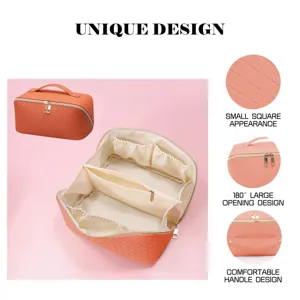Orange woven cosmetic bag with 180 large opening and compartments for daily travel use.
