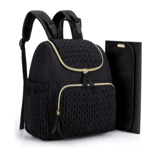 Schwarzer, gesteppter Wickelrucksack mit Wickelunterlage, multifunktionale Babytasche für Mütter.
