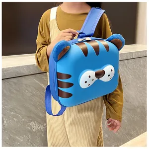 Vista dettagliata del simpatico zaino per bambini a forma di tigre blu per asilo.