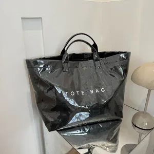 Large Capacity Black Crinkled Tote Bag Waterproof Fashion Shoulder Shopping Bag Main View