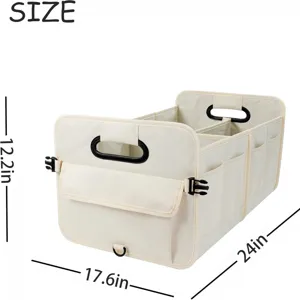 Collapsible car trunk organizer detail view, multi-compartment storage box with side pockets.