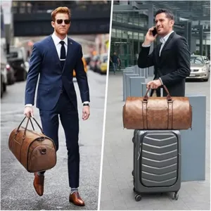 Large travel duffel bag for men and women, vintage brown weekender bag for sports and travel.