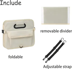 Foldable car trunk organizer with removable divider and adjustable straps for storage.