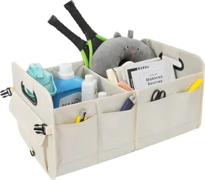 Detailed view of foldable car trunk organizer with multiple compartments and pockets.