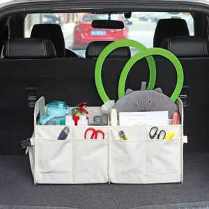 Detailed view of the foldable car trunk organizer showing multi-compartment storage capacity.