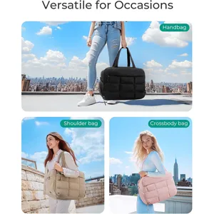 Vista detallada del versátil bolso de viaje acolchado con varias opciones de transporte.