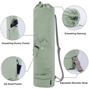 Light green yoga mat bag with multi pockets, drawstring opening, and adjustable shoulder strap.