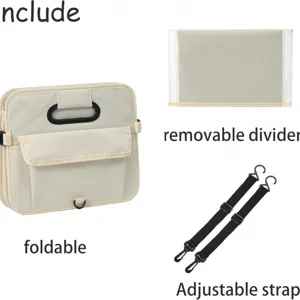 Foldable car trunk organizer with removable divider and adjustable straps for storage.