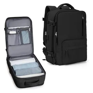 Grande zaino da viaggio con porta USB, design multifunzionale e resistente di colore nero.