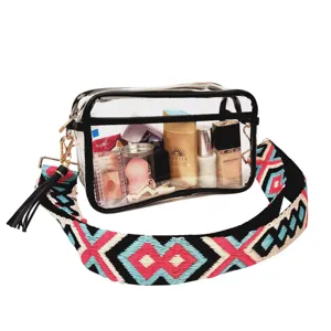 Dettaglio della borsa cosmetica trasparente in PVC con grande capacità e cinturino colorato.