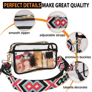 Borsa cosmetica a tracolla in PVC trasparente con cinturino intrecciato colorato, grande trousse donna.