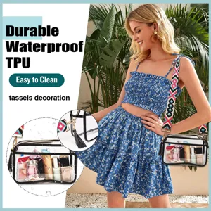 Borsa da toeletta trasparente in TPU impermeabile con tracolla colorata e nappa.