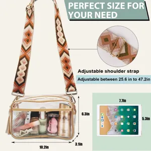 Borsa a tracolla trasparente in PVC con tracolla tessuta etnica, borsa per cosmetici impermeabile.