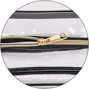 Dettaglio cerniera della borsa cosmetica in PVC trasparente con cursore metallico liscio.