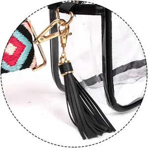 Dettaglio della borsa a tracolla trasparente in PVC con ferramenta dorata e nappa nera.